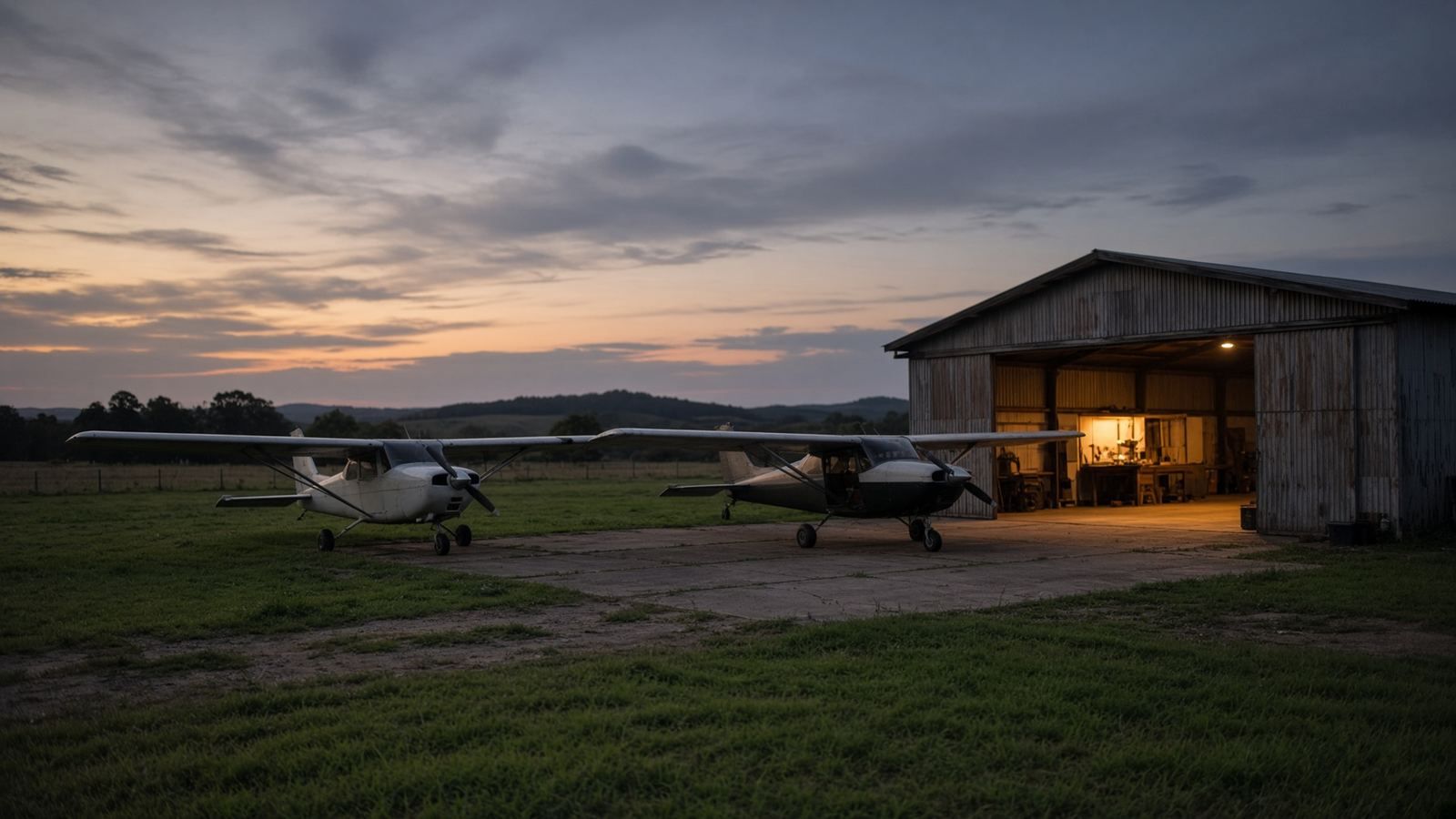Hangar iluminado al anochecer