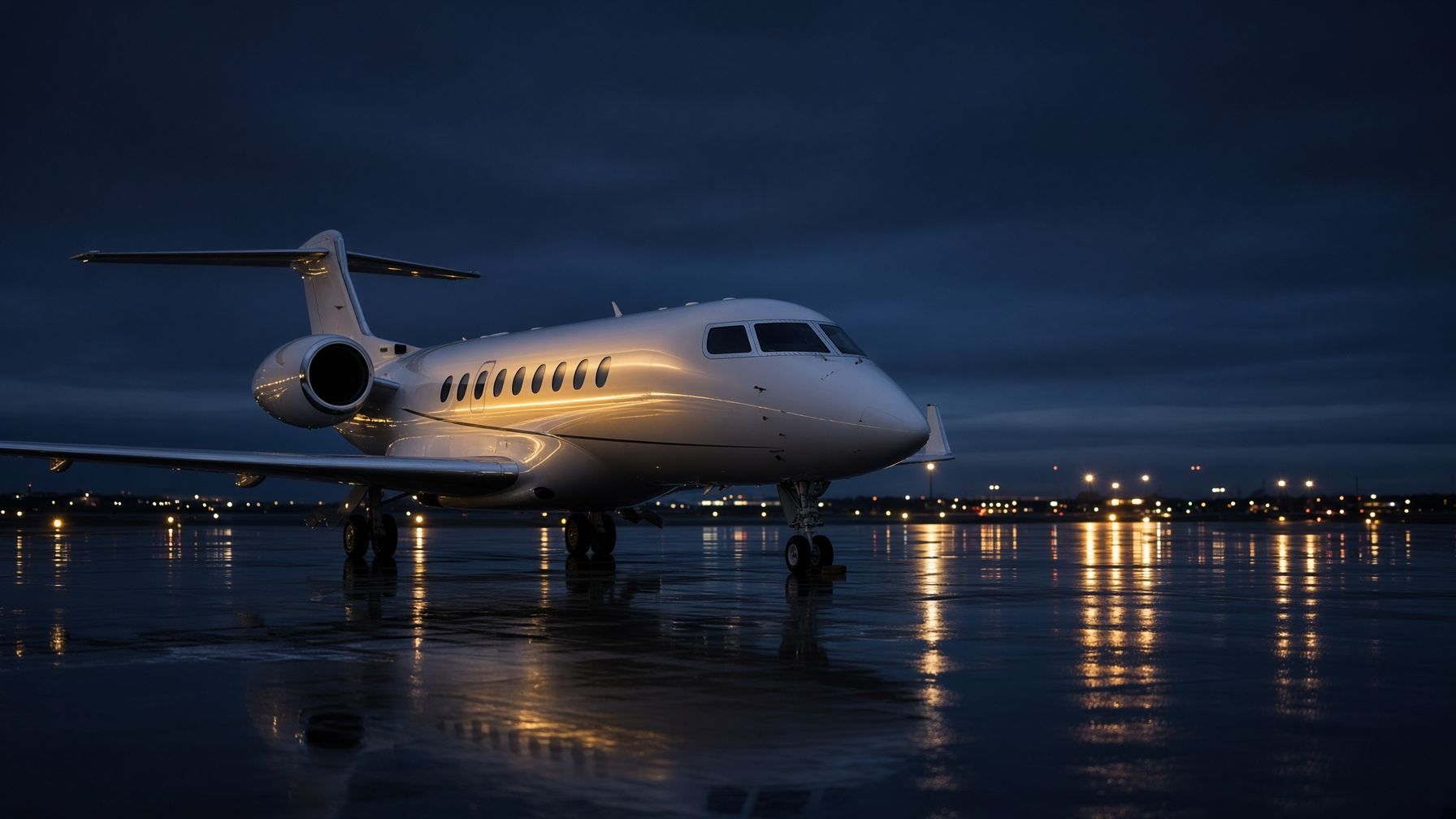 Jet privado en rampa al anochecer